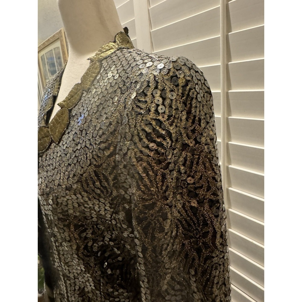 Vtg Black Gold Leaf Sequin Silk Evening Cocktail Jacket Holiday Elegant 10 L Med - Picture 8 of 12